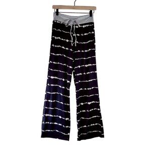 Lounge Pants Knit Black Tie-Dye Stripe Drawstring Comfort Stretch Wide Leg Sz S